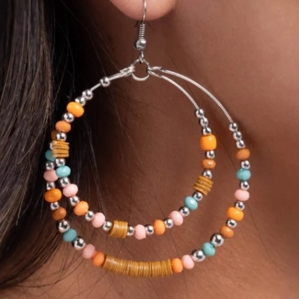 3 For $15 Colorful Beaded Hoop Earrings - Picture 2 of 4